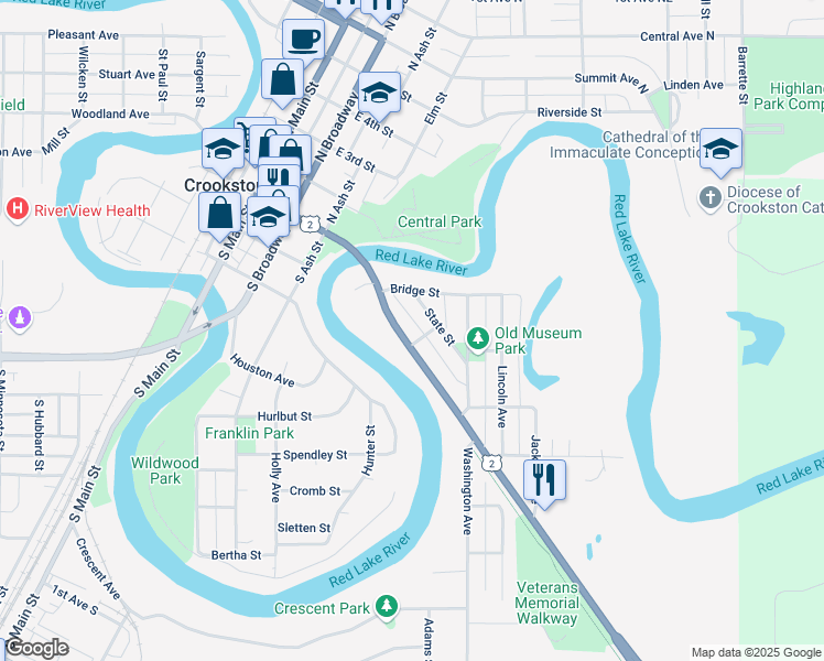 map of restaurants, bars, coffee shops, grocery stores, and more near 102 Carlton Street in Crookston