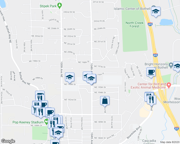 map of restaurants, bars, coffee shops, grocery stores, and more near 19627 104th Avenue Northeast in Bothell