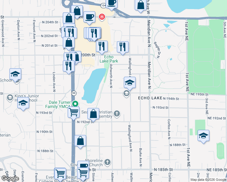map of restaurants, bars, coffee shops, grocery stores, and more near 19502 Ashworth Avenue North in Shoreline