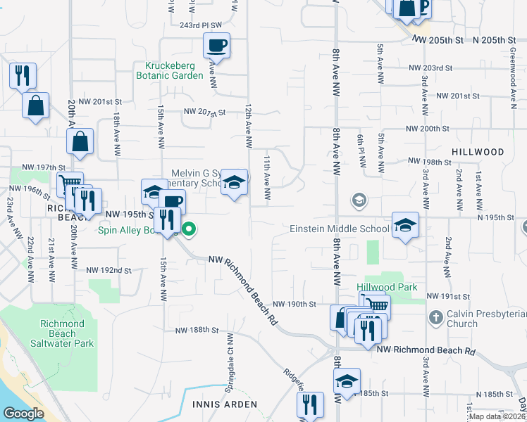 map of restaurants, bars, coffee shops, grocery stores, and more near 1107 Northwest 196th Street in Shoreline