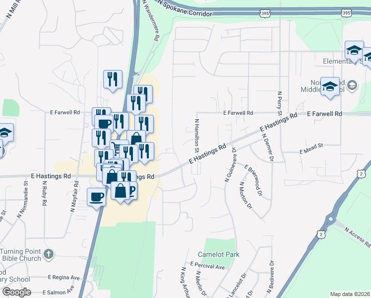 map of restaurants, bars, coffee shops, grocery stores, and more near 723 East Hastings Road in Spokane