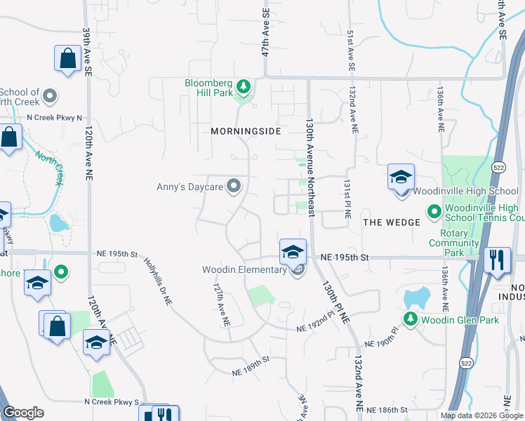 map of restaurants, bars, coffee shops, grocery stores, and more near 12855 Northeast 197th Place in Woodinville