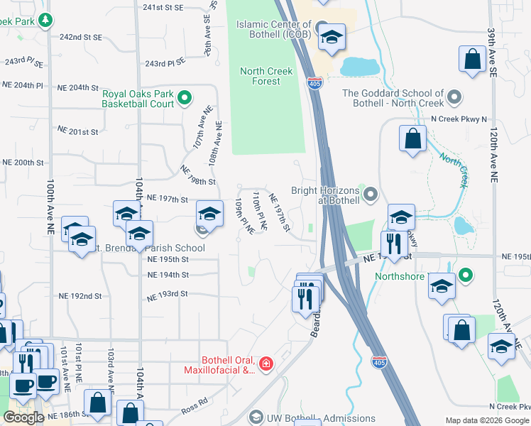 map of restaurants, bars, coffee shops, grocery stores, and more near 19617 110th Place Northeast in Bothell
