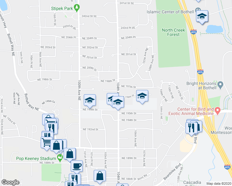 map of restaurants, bars, coffee shops, grocery stores, and more near 19627 104th Avenue Northeast in Bothell