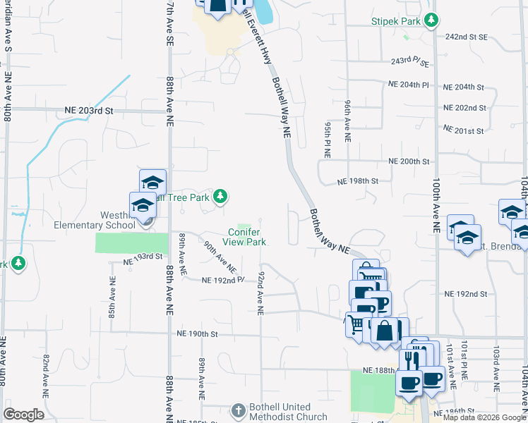 map of restaurants, bars, coffee shops, grocery stores, and more near 19602 92nd Avenue Northeast in Bothell