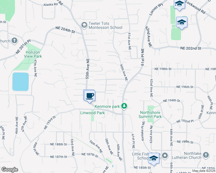 map of restaurants, bars, coffee shops, grocery stores, and more near 5808 Northeast 195th Place in Kenmore