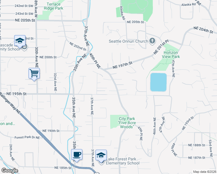 map of restaurants, bars, coffee shops, grocery stores, and more near 3826 Northeast 195th Place in Lake Forest Park