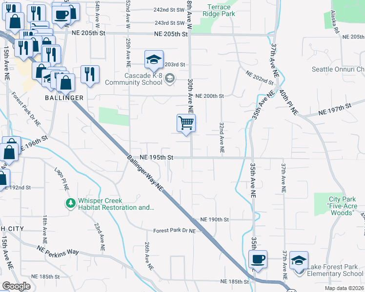 map of restaurants, bars, coffee shops, grocery stores, and more near 19511 30th Avenue Northeast in Shoreline