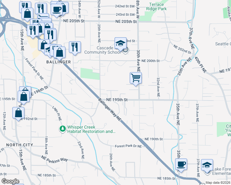map of restaurants, bars, coffee shops, grocery stores, and more near 2607 Northeast 195th Lane in Shoreline