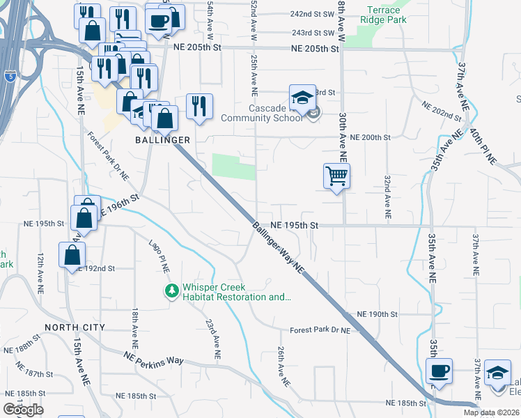 map of restaurants, bars, coffee shops, grocery stores, and more near 2512 Northeast 195th Street in Lake Forest Park