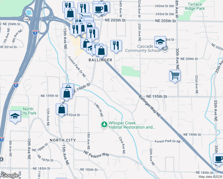map of restaurants, bars, coffee shops, grocery stores, and more near 2016 Northeast 195th Place in Lake Forest Park