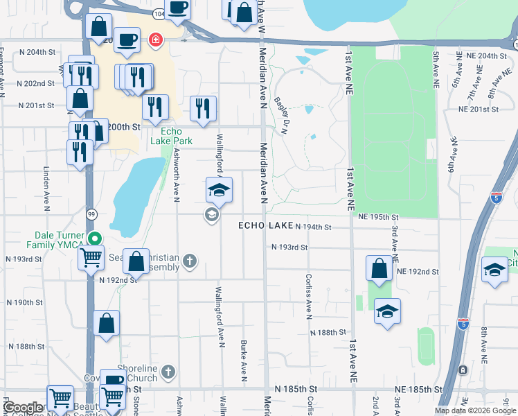 map of restaurants, bars, coffee shops, grocery stores, and more near in Shoreline