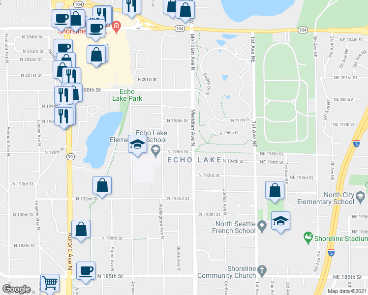 map of restaurants, bars, coffee shops, grocery stores, and more near in Shoreline