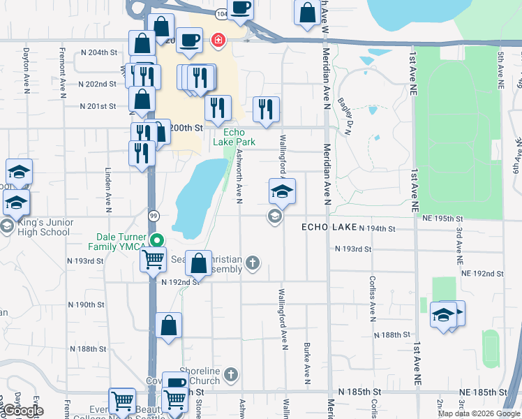 map of restaurants, bars, coffee shops, grocery stores, and more near 19502 Ashworth Avenue North in Shoreline