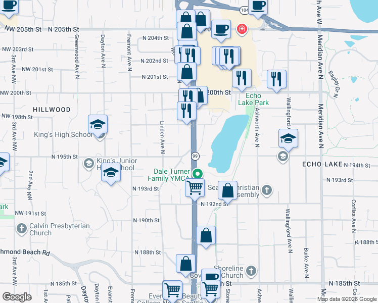 map of restaurants, bars, coffee shops, grocery stores, and more near 19501 Aurora Avenue North in Shoreline