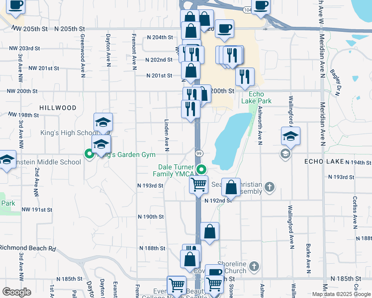 map of restaurants, bars, coffee shops, grocery stores, and more near 923 North 195th Street in Shoreline