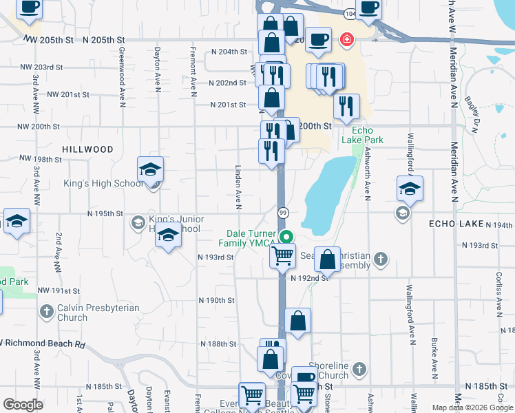map of restaurants, bars, coffee shops, grocery stores, and more near 923 North 195th Street in Shoreline