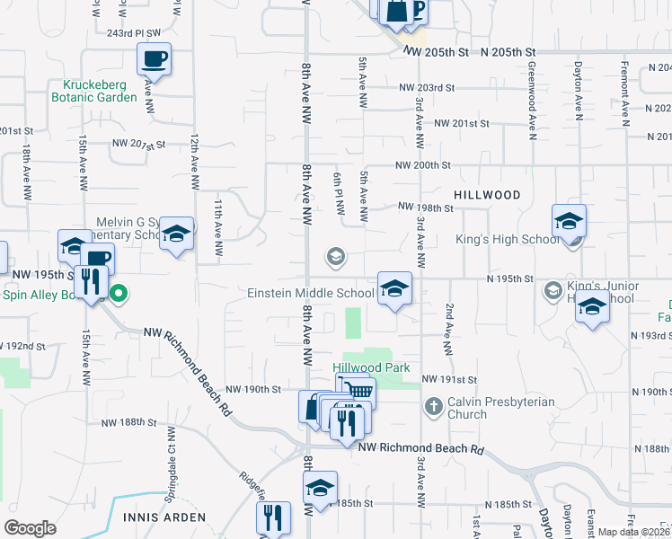 map of restaurants, bars, coffee shops, grocery stores, and more near 643 Northwest 195th Street in Shoreline
