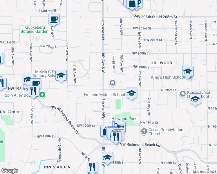 map of restaurants, bars, coffee shops, grocery stores, and more near 643 Northwest 195th Street in Shoreline