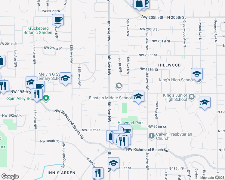 map of restaurants, bars, coffee shops, grocery stores, and more near 643 Northwest 195th Street in Shoreline