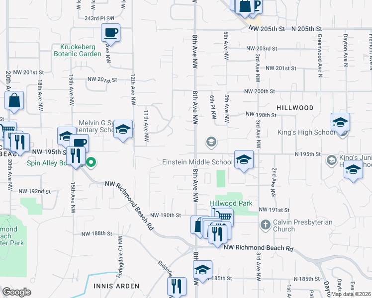 map of restaurants, bars, coffee shops, grocery stores, and more near 801 Northwest 195th Street in Shoreline