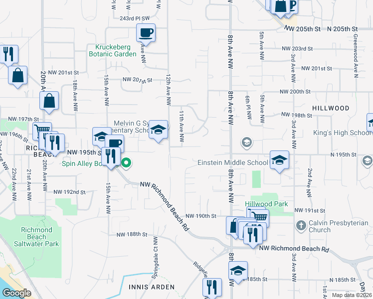 map of restaurants, bars, coffee shops, grocery stores, and more near 19351 11th Avenue Northwest in Shoreline