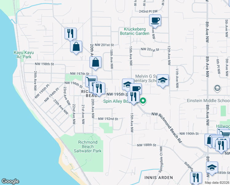 map of restaurants, bars, coffee shops, grocery stores, and more near 1551 Northwest 195th Street in Shoreline