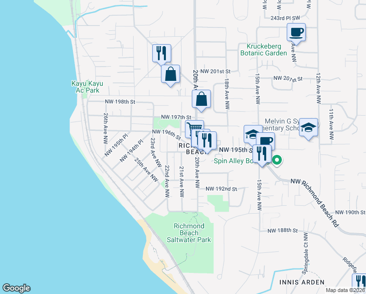 map of restaurants, bars, coffee shops, grocery stores, and more near 2022 Northwest 195th Street in Shoreline