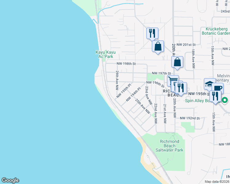 map of restaurants, bars, coffee shops, grocery stores, and more near 19501 26th Avenue Northwest in Shoreline