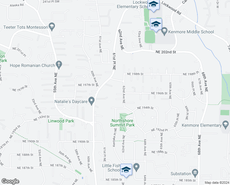map of restaurants, bars, coffee shops, grocery stores, and more near 6156 Northeast 196th Street in Kenmore