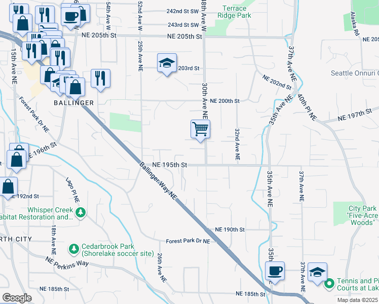 map of restaurants, bars, coffee shops, grocery stores, and more near 2804 Northeast 195th Street in Lake Forest Park