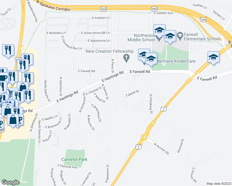 map of restaurants, bars, coffee shops, grocery stores, and more near 12424 North Perry Street in Spokane