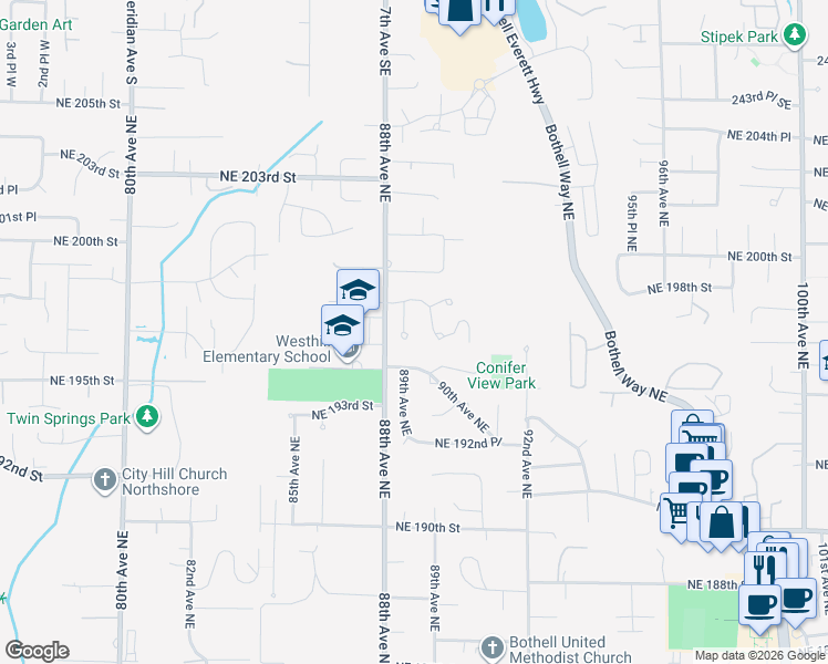 map of restaurants, bars, coffee shops, grocery stores, and more near 19621 89th Place Northeast in Bothell