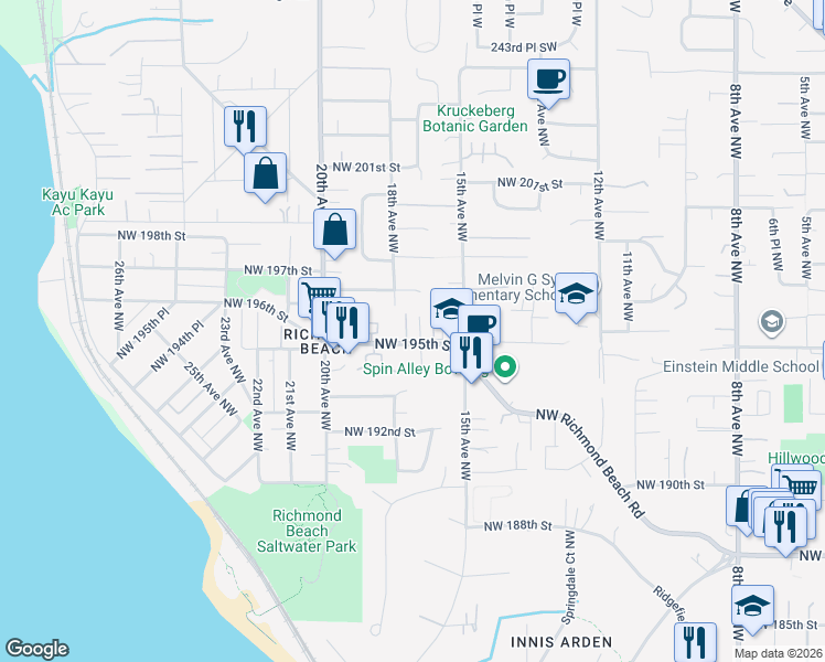 map of restaurants, bars, coffee shops, grocery stores, and more near 1550 Northwest 195th Street in Shoreline