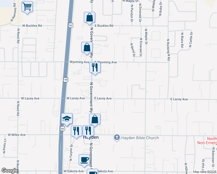 map of restaurants, bars, coffee shops, grocery stores, and more near 10862 North Government Way in Hayden