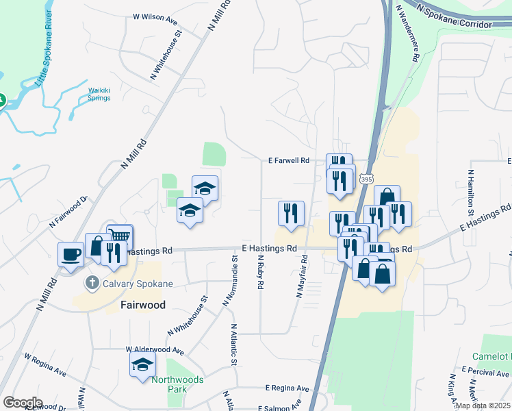 map of restaurants, bars, coffee shops, grocery stores, and more near 12525 North Ruby Road in Spokane