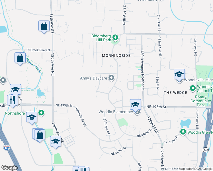 map of restaurants, bars, coffee shops, grocery stores, and more near 12628 Northeast 197th Street in Bothell