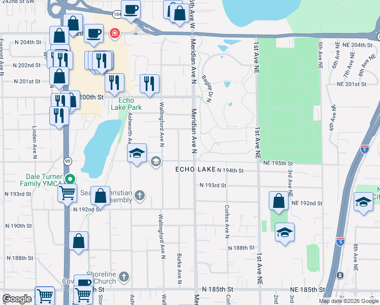 map of restaurants, bars, coffee shops, grocery stores, and more near 19513 Meridian Avenue North in Shoreline