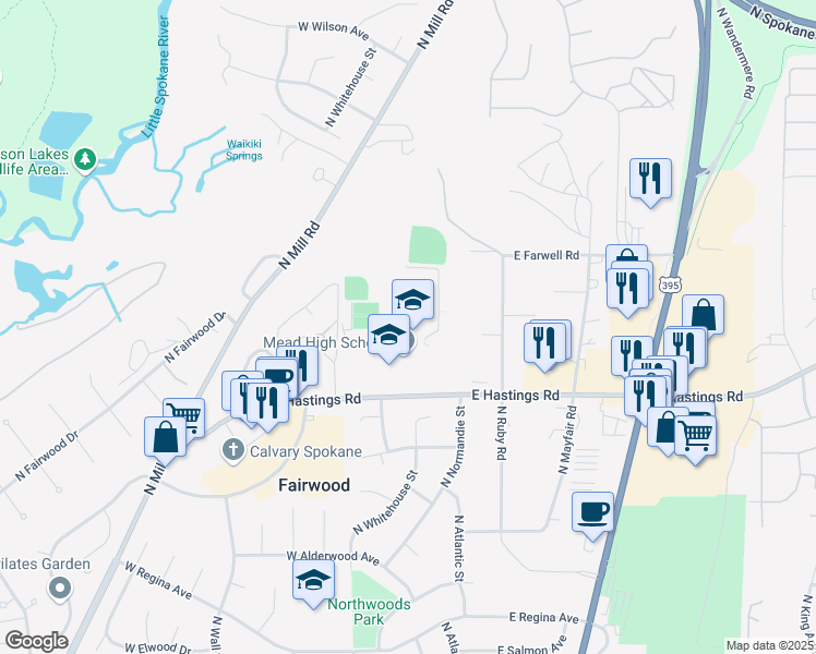 map of restaurants, bars, coffee shops, grocery stores, and more near 302 West Hastings Road in Spokane