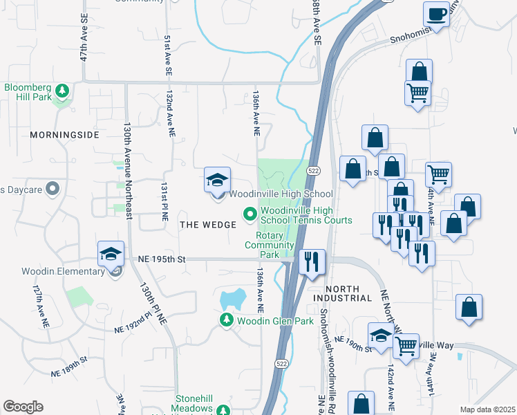 map of restaurants, bars, coffee shops, grocery stores, and more near 19840 136th Avenue Northeast in Woodinville