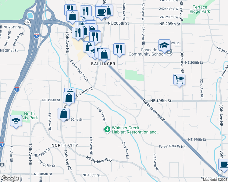 map of restaurants, bars, coffee shops, grocery stores, and more near 2016 Northeast 195th Place in Lake Forest Park
