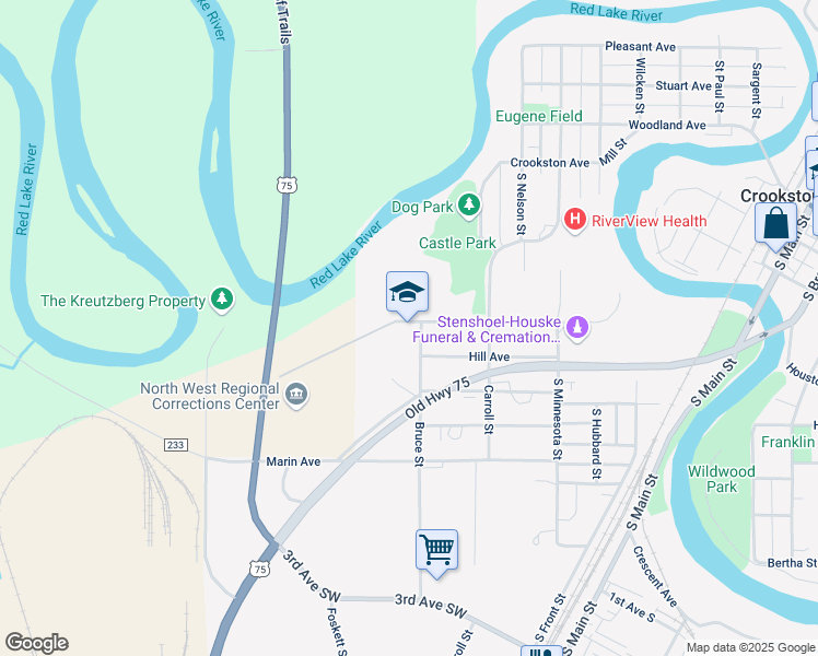 map of restaurants, bars, coffee shops, grocery stores, and more near 600 Bruce Street in Crookston