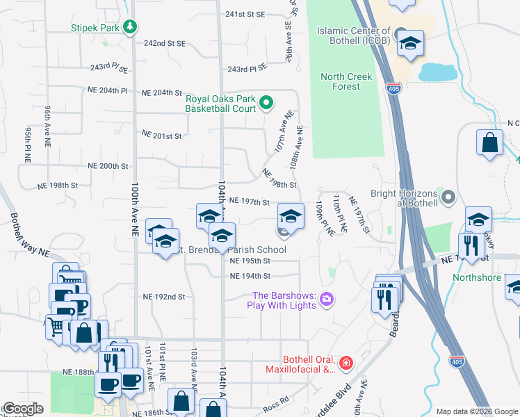 map of restaurants, bars, coffee shops, grocery stores, and more near 10529 Northeast 194th Street in Bothell