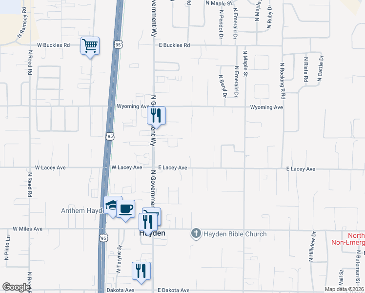 map of restaurants, bars, coffee shops, grocery stores, and more near 10862 North Government Way in Hayden