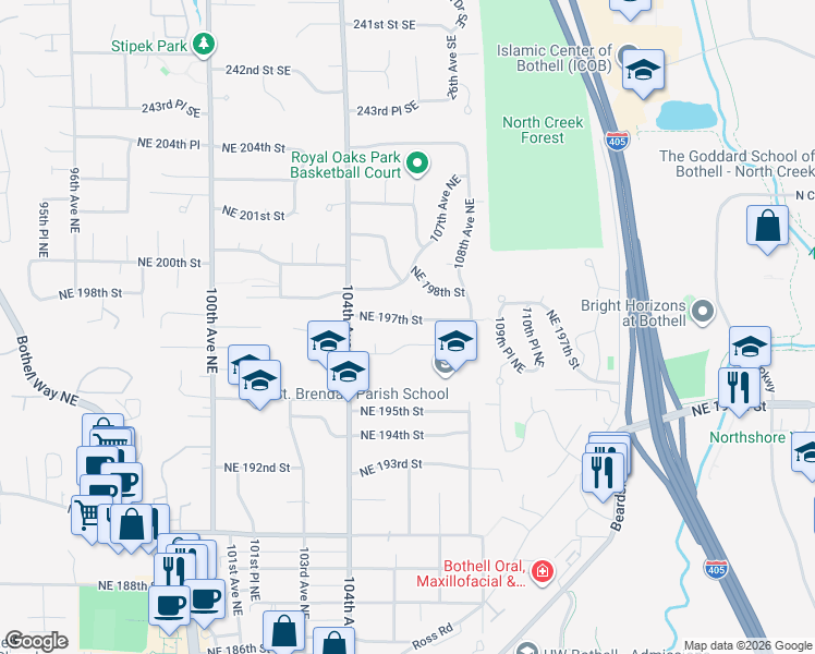 map of restaurants, bars, coffee shops, grocery stores, and more near 10529 Northeast 194th Street in Bothell