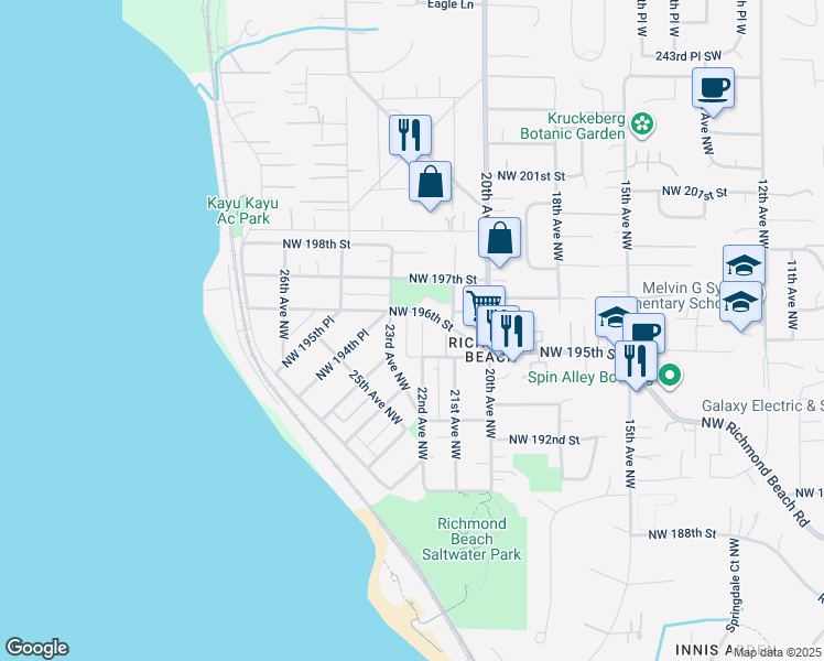 map of restaurants, bars, coffee shops, grocery stores, and more near 2120 Northwest 195th Street in Shoreline