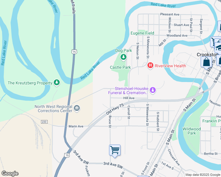 map of restaurants, bars, coffee shops, grocery stores, and more near 600 Bruce Street in Crookston