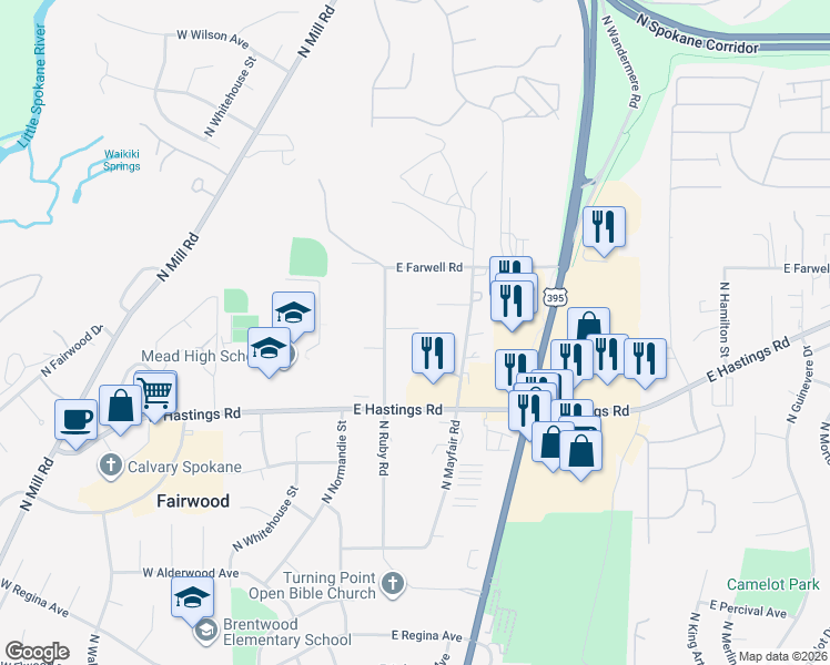 map of restaurants, bars, coffee shops, grocery stores, and more near 12516 North Ruby Road in Spokane