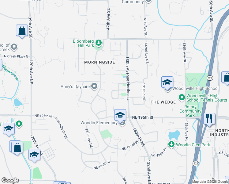map of restaurants, bars, coffee shops, grocery stores, and more near 12871 Northeast 198th Place in Woodinville