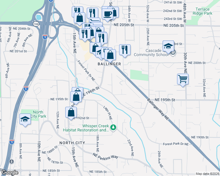 map of restaurants, bars, coffee shops, grocery stores, and more near 19633 20th Avenue Northeast in Shoreline